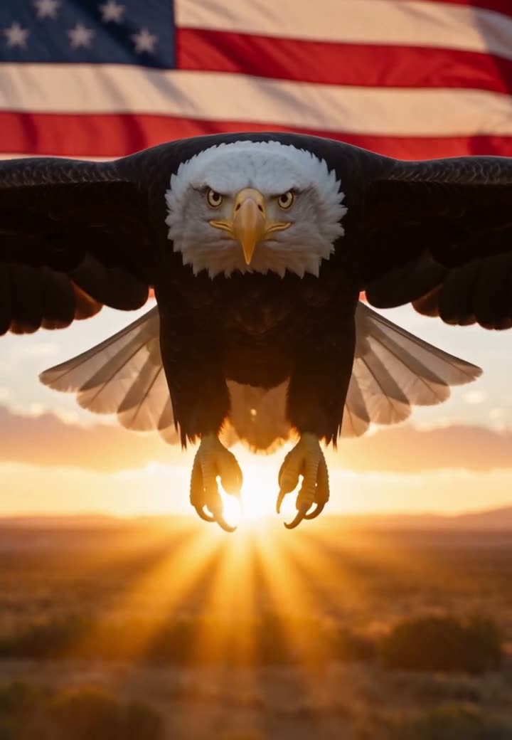 A bald eagle swooping in front of an American flag at sunset