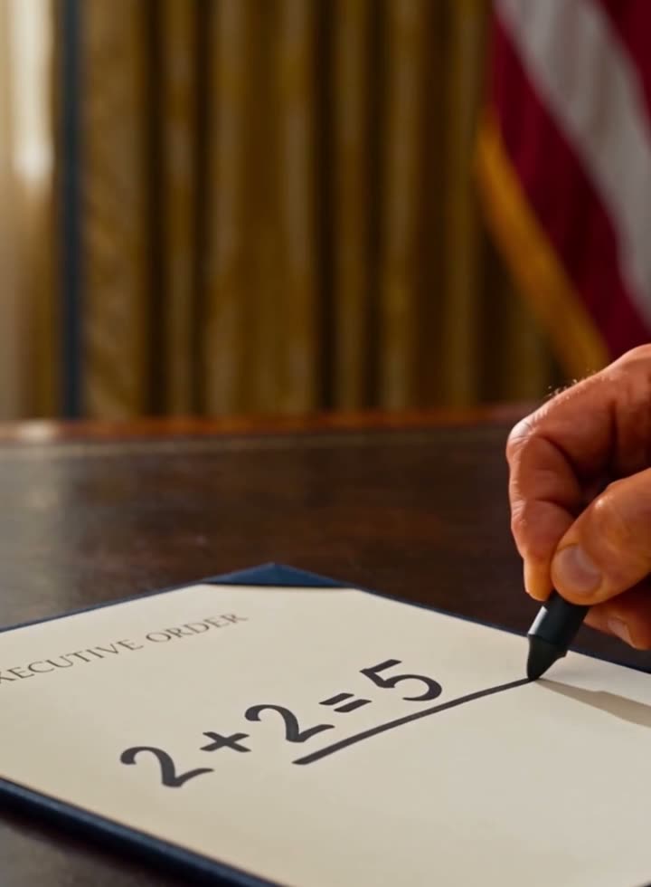 A hand signing an executive order that reads 2 + 2 = 5