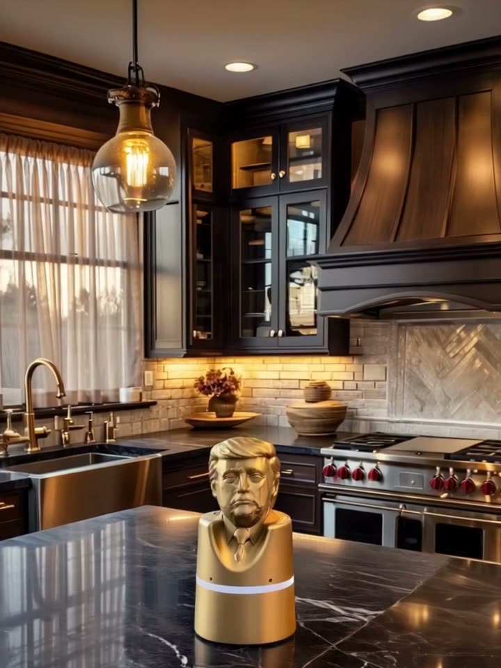 The gold speaker on a marble kitchen island