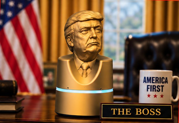 The gold Presidential Smart Speaker on the Oval Office desk beside an America First mug and a nameplate reading The Boss