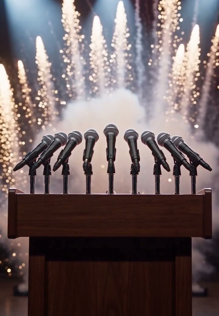 A podium bristling with microphones in front of exploding pyrotechnics