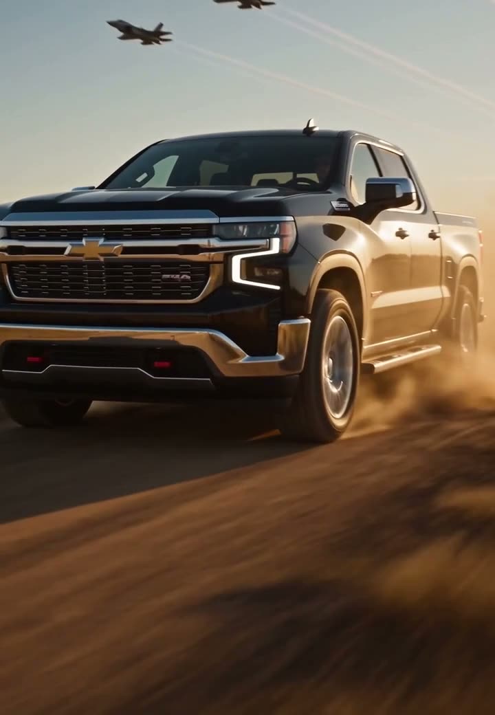 A pickup truck kicking up dust while fighter jets fly overhead