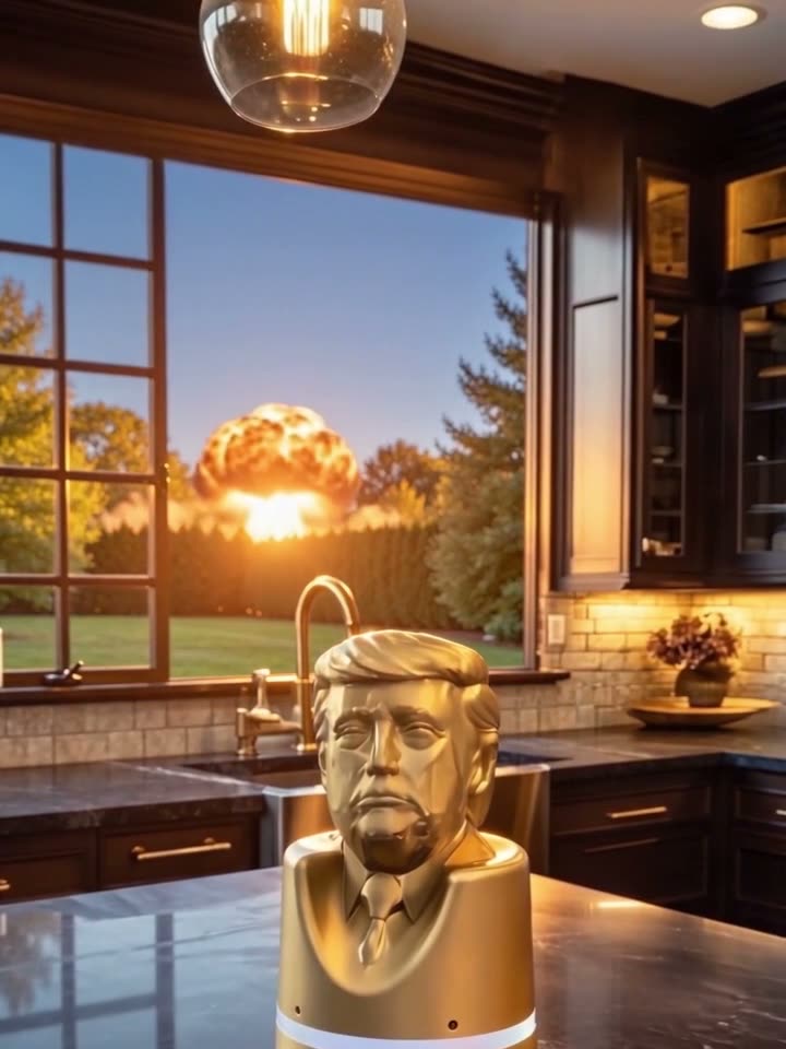 The gold speaker in a kitchen; out the window, a mushroom cloud